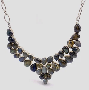 Vintage Silver Labradorite 35 Hand Cut Stones Shaped Mounted Gemstone Neckless - Picture 1 of 12