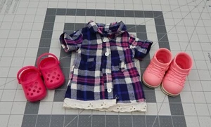 Our Generation Shannon Doll Camping Dress Shirt Shoes Boots Clogs Blue Pink - Picture 1 of 8