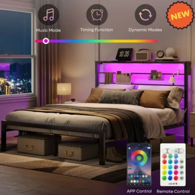 Marco De Cama Base Plataforma de Metal Cabecera LED Almacenamiento Habitacion Tamaño COMPLETO Foto 1 de 4