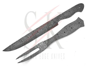 SET DI 2 COLTELLI DA INTAGLIO IN ACCIAIO DAMASCO E FORCHETTA COLTELLO LAMA BIANCO AFFETTATURA - Foto 1 di 6