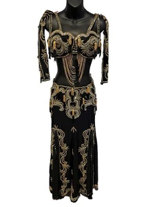 Costume danza del ventre professionale nero oro e verde acqua fortemente perline $950 - Foto 1 di 14