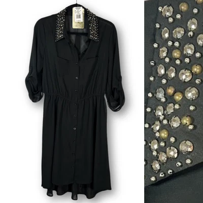 全新 Lily Rose 女式 XL 黑色衬衫连衣裙 透明内衬 铆钉装饰领 — 第 1/4 张图片