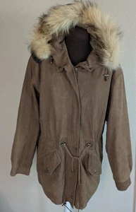 Boundary Waters Damen braune weiche Lederjacke Mantel Echtfellbesatz Kapuze M - Bild 1 von 11