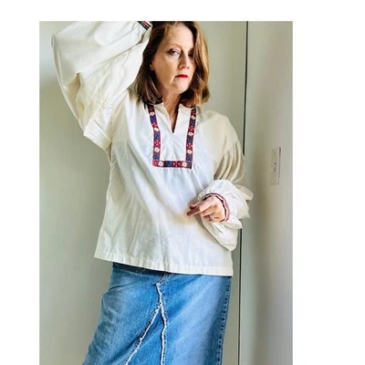 Винтажный 70-х фазан богемное блузка размер L/XL ручной работы хлопок цветочные детали  - Изображение 1 из 4