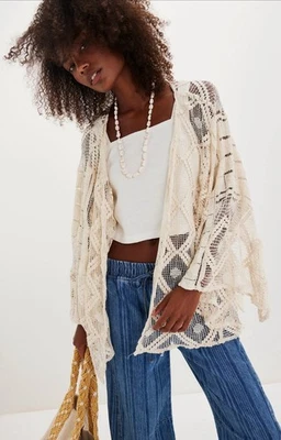 NWT FREE PEOPLE Off The Coast Crochet Layer CARDIGAN IVORY ONE SIZE  - Image 1 of 4
