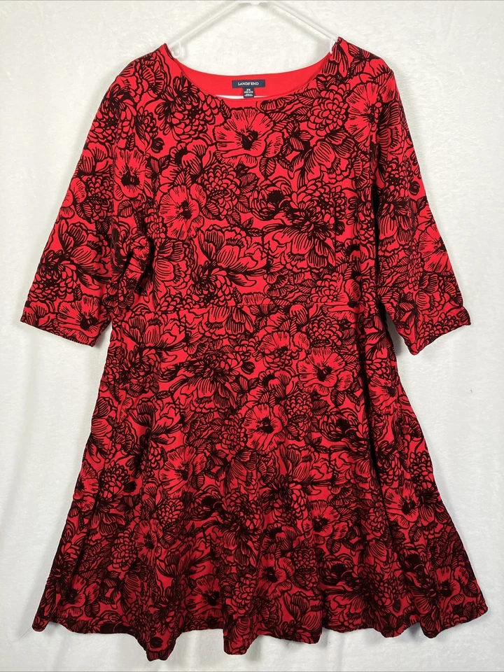 Lands End Red Dress Plus 2x Black Flocked Velvet Fit Flare Holiday Party Stretch - Image 1 of 4