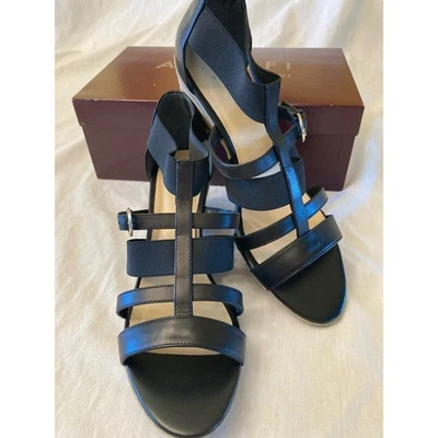 Amalfi by Rangoni Black Leather Elastic Strappy Wedge Sandals 9.5M - Image 1 of 4