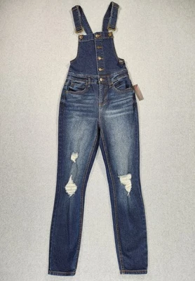 NWT No Boundaries Jean Skinny Bib Overall Womens Jr Size XS (1) Distressed W-25" - Image 1 of 4