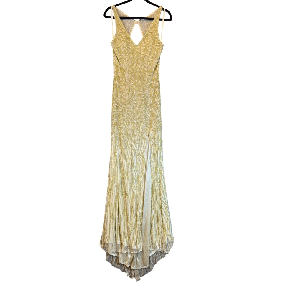 Primavera Beaded Gown Gold Leaf Art Deco High Slit Evening Formal Dress Size 10 - Image 1 of 4