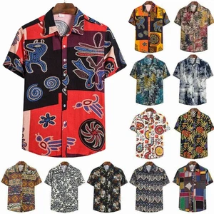 Hawaiian Mens Sleeve Hippie Printed Button Down Shirts Short Tops Casual Shirt - Picture 1 of 23