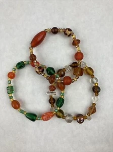 Lot of 3 Brown Green Yellow Orange Handmade Glass Bead Bracelets 3" - Picture 1 of 5