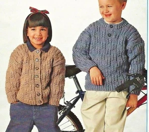 1474 BOYS GIRLS CHUNKY JUMPER & CARDIGAN KNITTING PATTERN 22-30" 56-76cm COPY - Picture 1 of 2