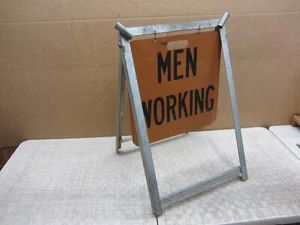 VTG MEN WORKING ROAD CONSTRUCTION DOUBLE SIDED WARNING SIGN W STAND FLAG HOLDERS - Picture 1 of 22