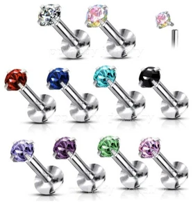 16G Surgical Steel Internally Threaded Prong Set CZ Tragus Labret Stud 1/4"-3/8" - Picture 1 of 5
