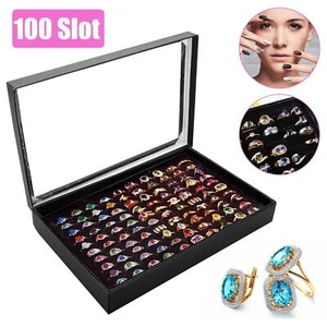 100 Slots Jewelry Ring Display Organizer Tray Holder Earrings Storage Boxes Case - Picture 1 of 24