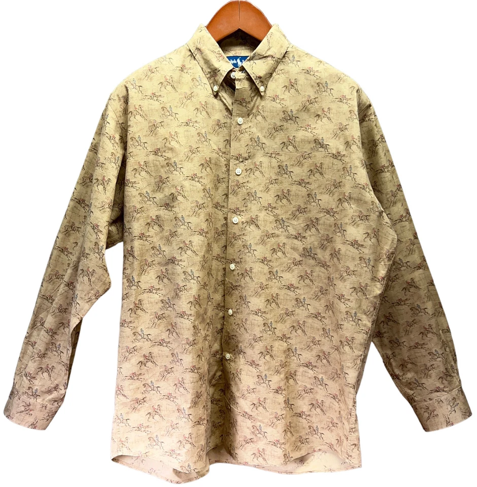 复古 Polo Ralph Lauren 蓝色标签棕褐色 All Over 赛马纽扣衬衫 M — 第 1/4 张图片
