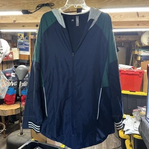 Adidas Track Jacket Men Extra Large Blue Gre Full Zip Soccer Windbreaker Hood XL - Picture 1 of 5