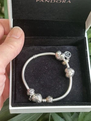 Pandora Sterling Silver Bracelet with Charms + Safety Chain – Hearts & 18 Dangle - Image 1 of 4