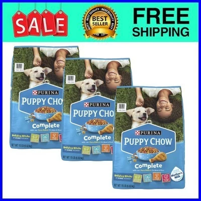 Comida seca completa para perros Purina Puppy Chow, criada en granjas con alto contenido de proteínas, paquete de 3 bolsas de 15 lb Foto 1 de 4