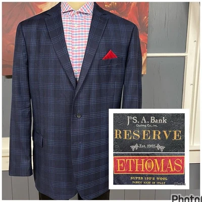 Jos A Bank Blazer Jacket Sport Coat Mens 50L Long Tailored Fit Wool Navy Plaid - Image 1 of 4