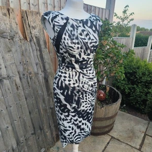 Womens Designer Karen Millen Satin Black&White Wiggle Pencil Dress - Size 10 - Picture 1 of 9