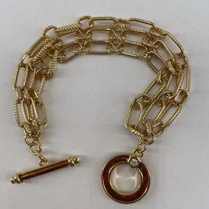 Jay Strongwater Bracelet Triple Chain Link  Crystal  Toggle Amber Enamel Signed - Picture 1 of 9