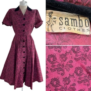 True Vintage 1940s 1950s Sambo Shirtwaister Fit Flare Dress Pink Lace Print 6-8 - Picture 1 of 11