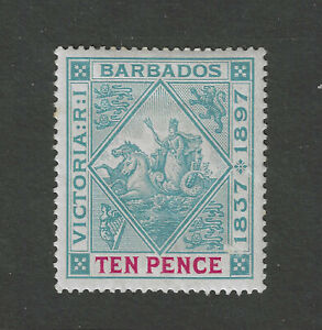 Barbados Scott #88 VF OG HR Stamp 1 perf tip discolored on back 10 Pence