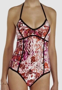 IVANKA TRUMP Floral Piped Pink Black White 1pc Swim Suit NEW Womens Sz 4 8 10 - Picture 1 of 7