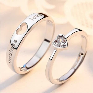 2pcs/set 925 Silver Zircon Promise Ring Couple Adjustable Letters Lover Heart - Picture 1 of 68