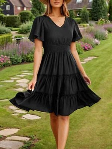Womens Dress V Neck Smocked Waist Casual Flowy A Line Tiered Work Midi Dresses - Picture 1 of 11