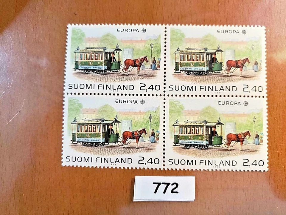 Stamps - FINLAND, Horse-drawn Tram, 1890, Scott #772,  Block of 4 stamps, MNH - Image 1 of 1