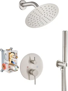 8" Brushed Silver Round Rainfall Shower Head Modern Fixture Faucet Set Bathroom - Picture 1 of 9