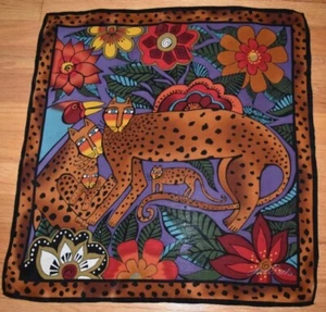 Laurel Burch Silk Square Scarf Leopard Bird Cat Neckerchief Black Floral 21" - Picture 1 of 24