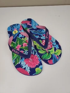 NEW RALPH LAUREN BOLT FLIP FLOPS BLUE PINK TROPICAL FLOWERS W/BOX PONY 9D - Picture 1 of 6