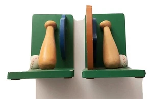 Baseball Bookends Blue Glove Baseball Bat Wooden - Picture 1 of 7