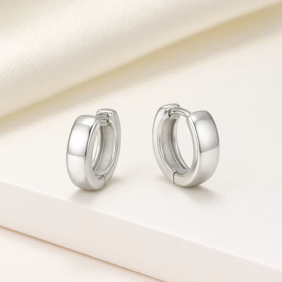 Solid 925 Sterling Silver  14.5mm Chunky Huggie Hoop Earrings Ladies / Mens - Image 1 of 4