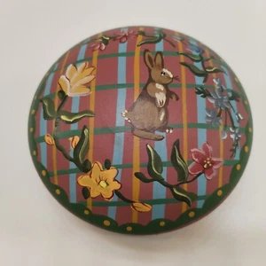 Hand Painted Wood Trinket Jewelry Box Bunny Flowers Stripes Pastel 1997 Vintage - Picture 1 of 7