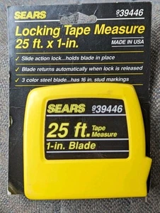 Cinta métrica de bloqueo vintage SEARS 25 pies hoja de 1 pulgada hecha en EE. UU. amarilla 9-39446 - Imagen 1 de 2
