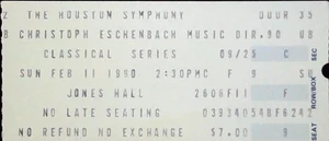 Houston Symphony Classical Series Ticket Stub Jones Hall Konzert Musik 11.02.1990 - Bild 1 von 2