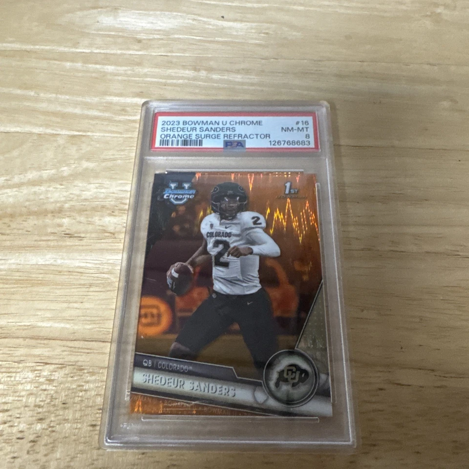 Shedeur Sanders 2023 Bowman U Chrome Orange Surge Refractor 9/25 PSA 8 - Image 1 of 4