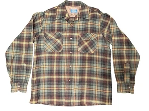 Vintage 1960s Pendleton Wool Flannel Button Up Plaid Shirt Men’s Medium Brown - Picture 1 of 17
