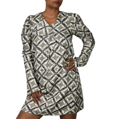 Marni Silk Print Dress 40 Grey Geo Grid Puff Sleeve Origami Fold Sculpted Sheath - Image 1 of 4