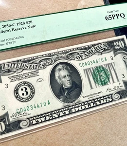 Fr. 2050-C 1928 $20 FRN PHILADELPHIA "NUMERICAL DISTRICT #3" PCGS 65 PPQ - GEM - Picture 1 of 3