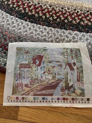 Hand Painted Needlepoint Canvas Quaint Village Scene Tiny Portion Started - Image 1 of 4