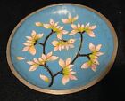 Vintage Cloisonné Blue Enamel Trinket Plate with White Flowers 3 3/4"