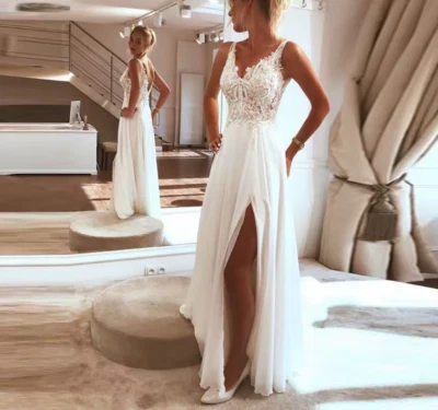Customized Wedding Dress For women Bride V-Neck Chiffon Spaghetti Strap Backless - Image 1 of 4