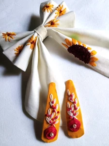 Hand Embroidered Hair Bow 2 Floral Linen Hair Clips Set Barette For Womens Girls - Picture 1 of 6