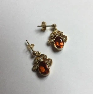 Hallmarked 9ct 9k Gold Fire Opal Seed Pearl Dropper Earrings - Picture 1 of 6