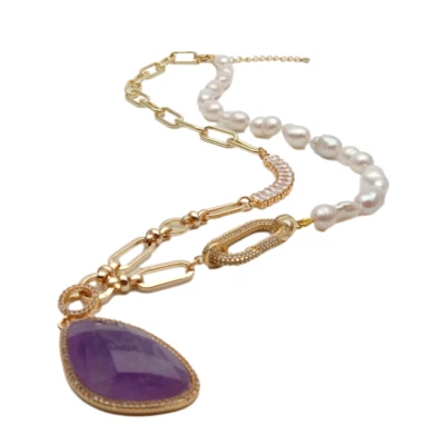 Культивированный белый Кеши жемчуг цепочка ожерелье натуральный фиолетовый аметист подвеска 21" - Изображение 1 из 4